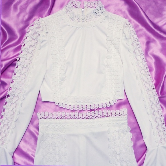 White Lace Crochet 2 Piece Coord Set Blouse Skirt - Picture 4 of 8